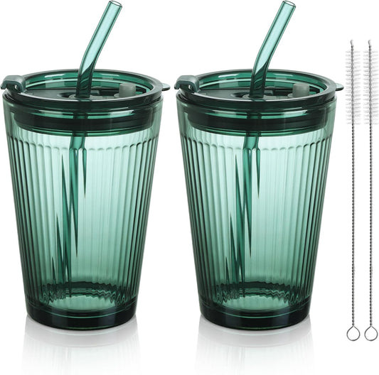 Joeyan Glass Tumbler with Straw and Lid,Green Glasses Water Cup with Straw