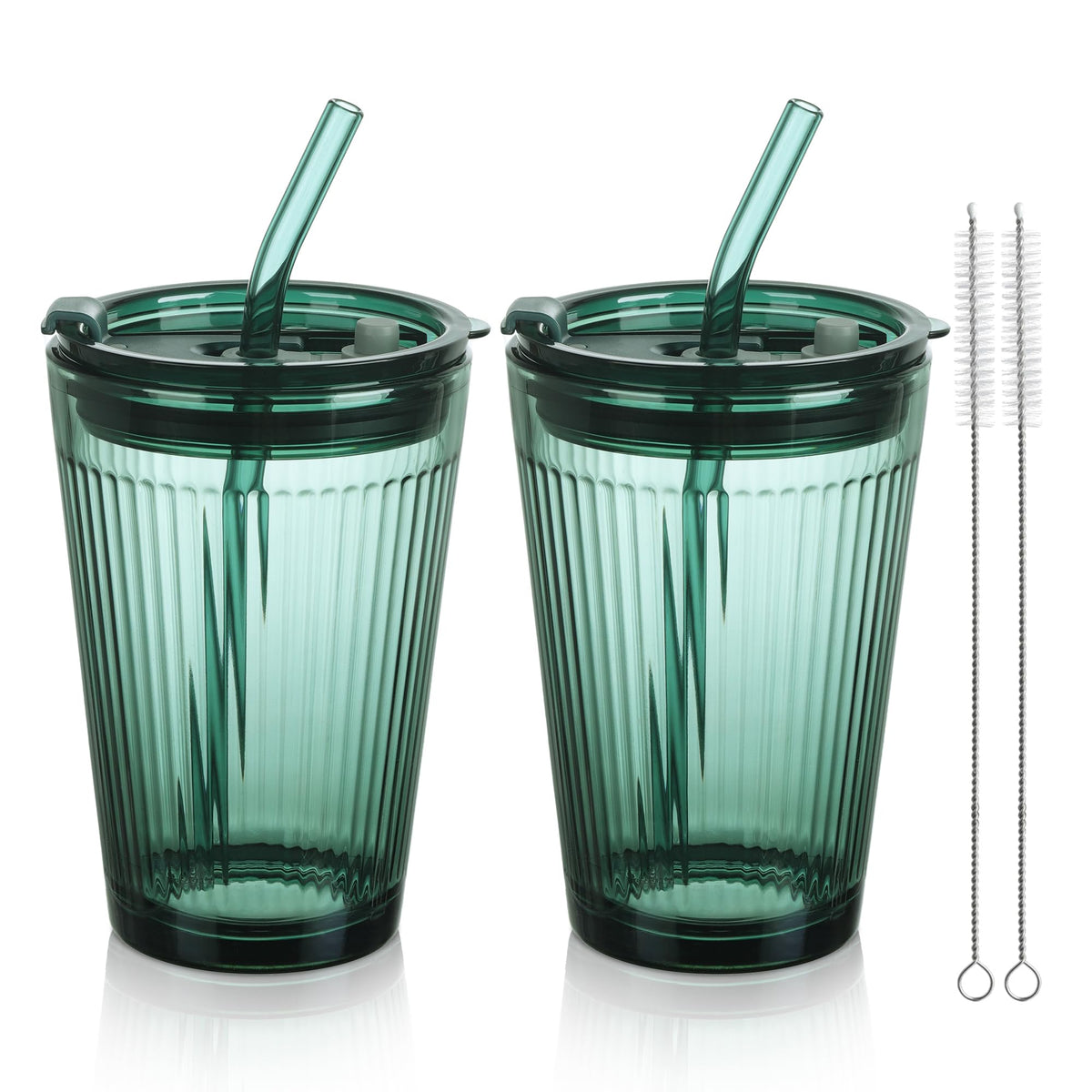 Joeyan Glass Tumbler with Straw and Lid,Green Glasses Water Cup with Straw