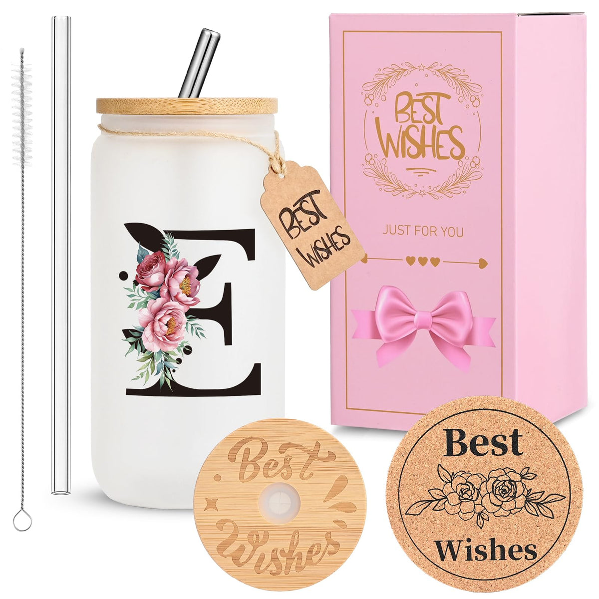 16oz Monogrammed Glass Tumbler, Frosted with Lid and Straw, Initial F