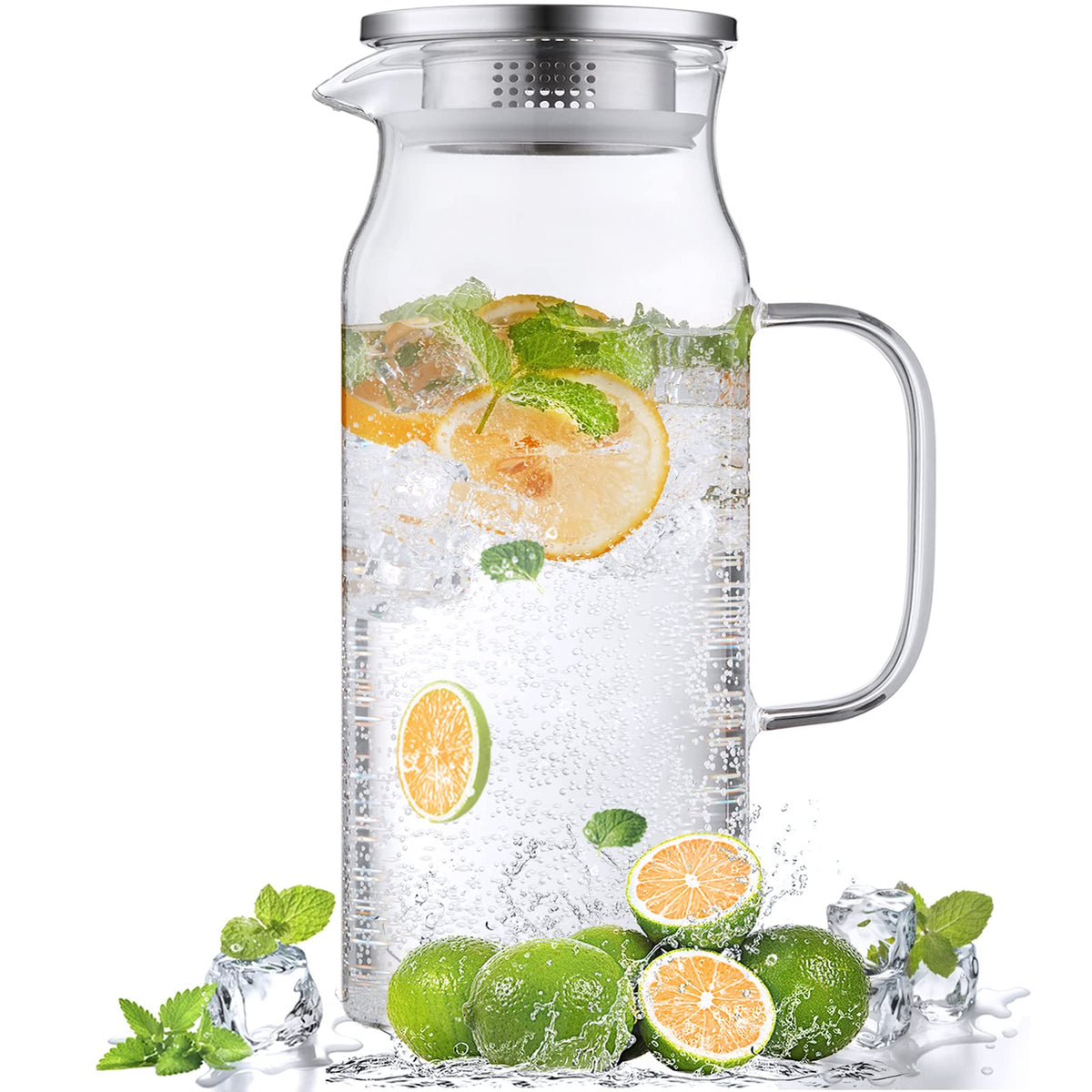 Bivvclaz 2 Liter 68 oz Glass Pitcher with Lid and Handle, Glass Carafe for Hot/Cold Water, Large Iced Tea Pitcher for Coffee, Juice and Homemade Beverage