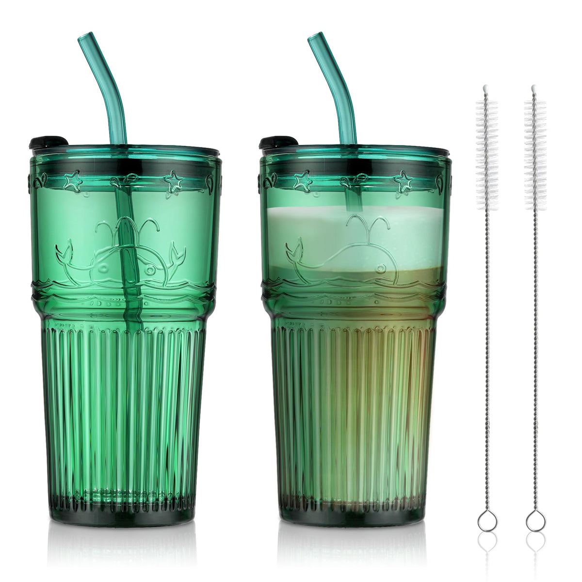 Joeyan Glass Tumbler with Straw and Lid,Green Glasses Water Cup with Straw