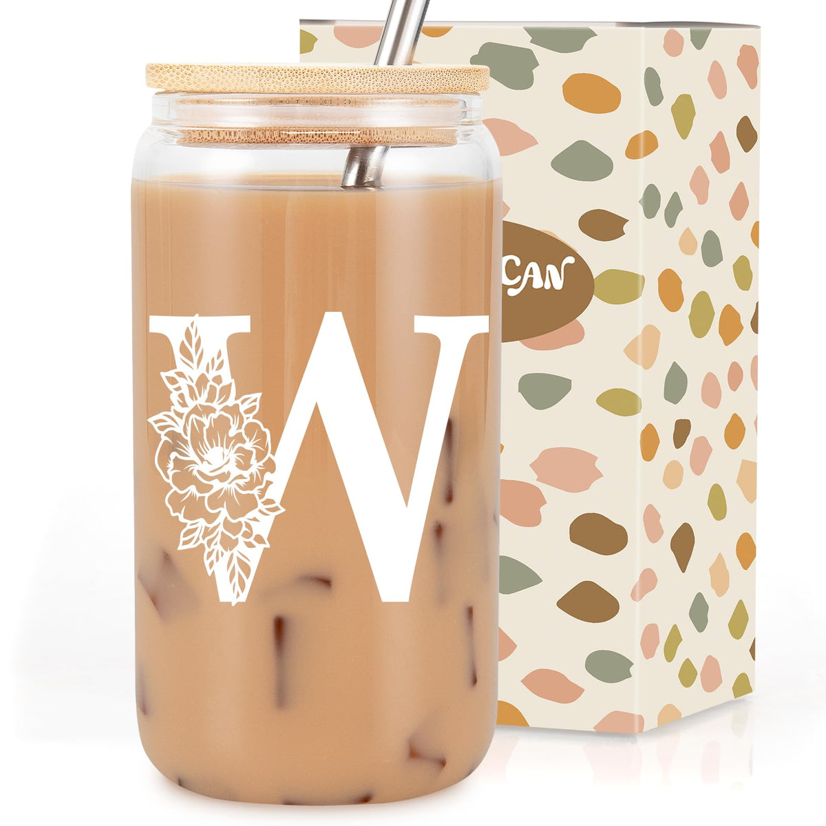 Coolife Initial Glass Cup, Monogrammed Gifts for Women, 16 oz Tumbler w/Lid