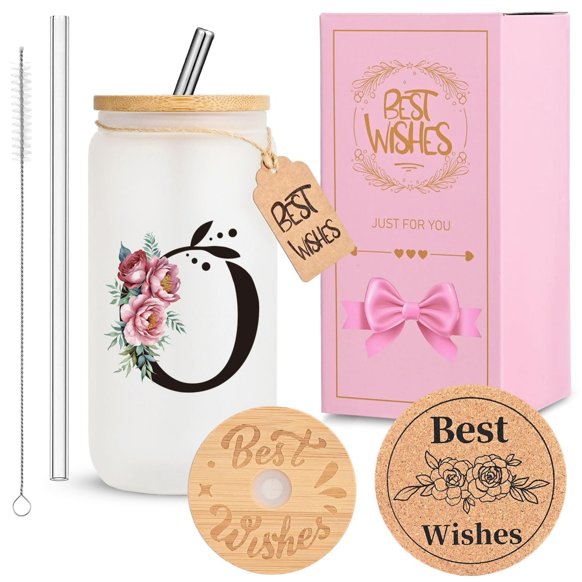 16oz Monogrammed Glass Tumbler, Frosted with Lid and Straw, Initial F