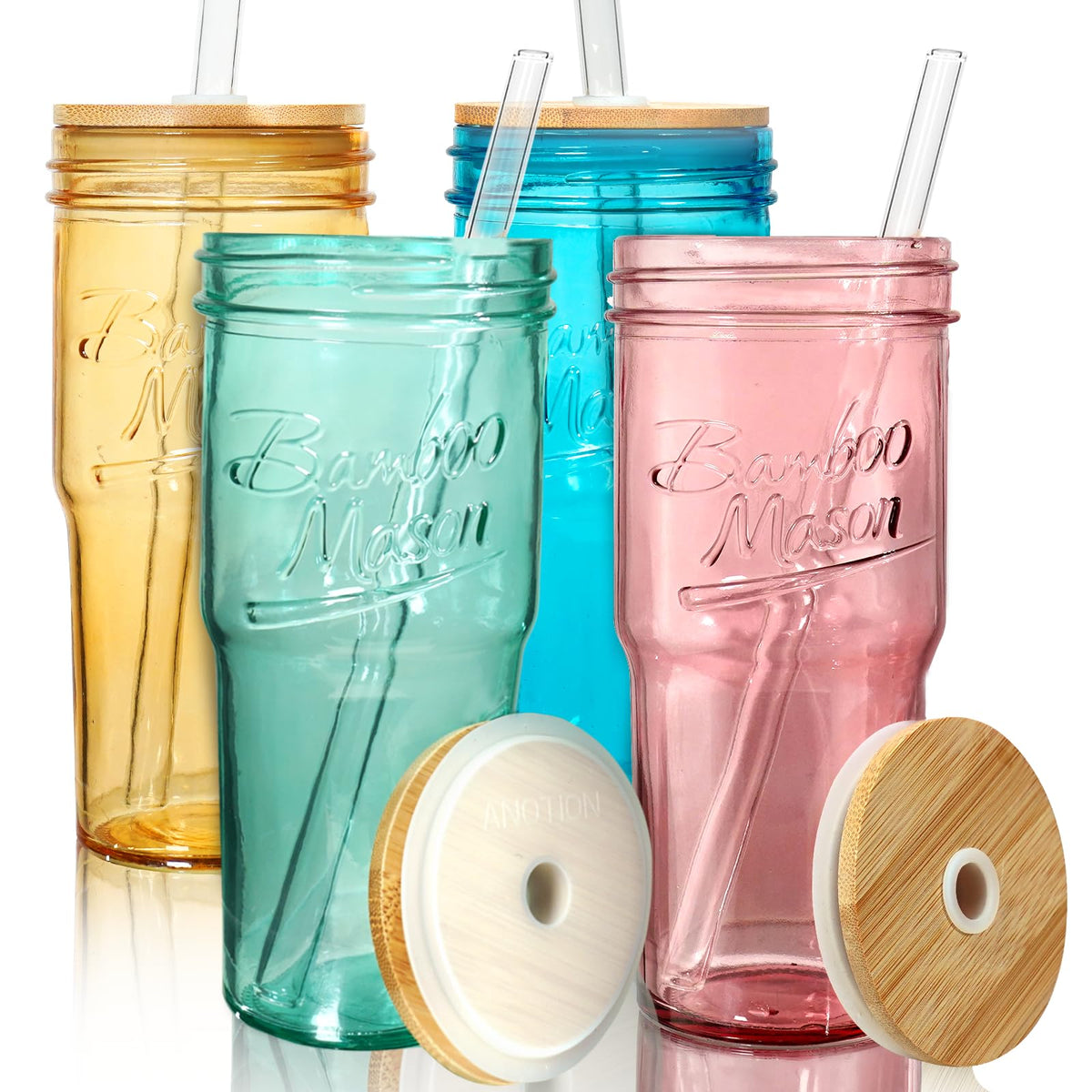 ANOTION Glass Cups With Lids And Straws, Leakproof Tumbler Mason Jar Coffee Cup, Cap Cup Leak-Proof with Straw, Reusable Iced Coffee Smoothie Matcha Cup Aesthetic Coffee Gifts Women