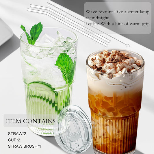 Luiaiog Glass Cups with Lids and Straws Set of 2, 18.6 oz Ribbed Drinking Glasses, Leakproof Glass Tumbler for Iced Coffee, Smoothie, Boba, Reusable Cups with Straw Brush, Dishwasher Safe