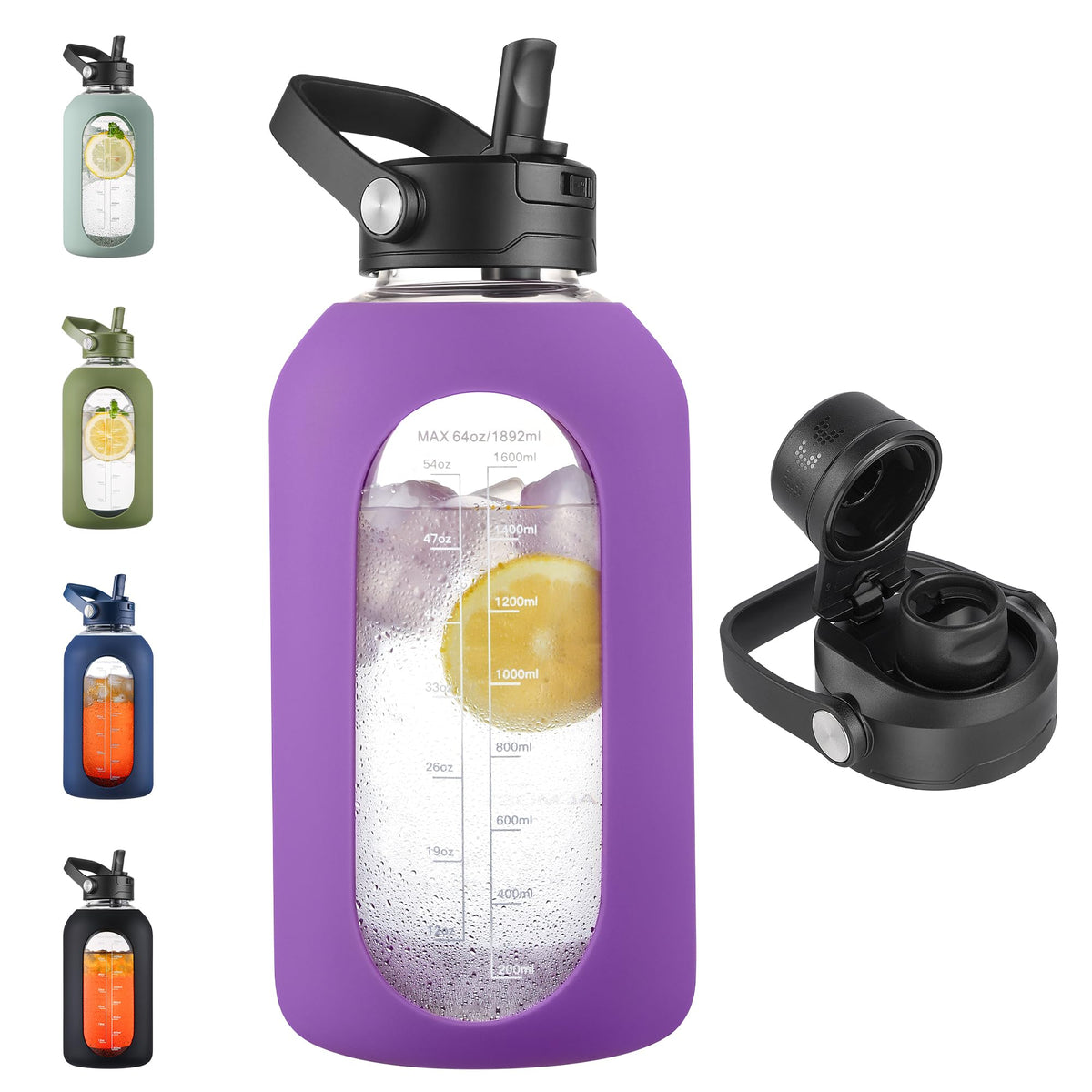 CIVAGO 64 oz Glass Water Bottle Jug with Detachable Straw and Time Maker