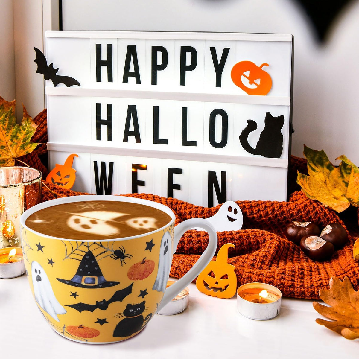 Orange Halloween Mug – 20oz Bone China Coffee Mug with Black Cat, Ghost, Pumpkin & Bat, Perfect Fall Gift for Halloween Lovers, Designed in England by Harvest Green Studio