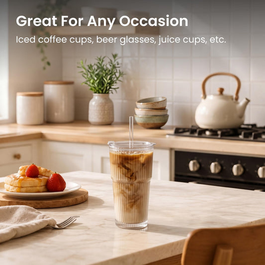 INSETLAN 20 oz Ribbed Glass Tumblers with Lids and Glass Straws – 4-Piece Glassware Set, Thickened Wall, Ideal for Iced Coffee, Smoothies, Cocktails, and Juices – Elegant and Durable Drinkware