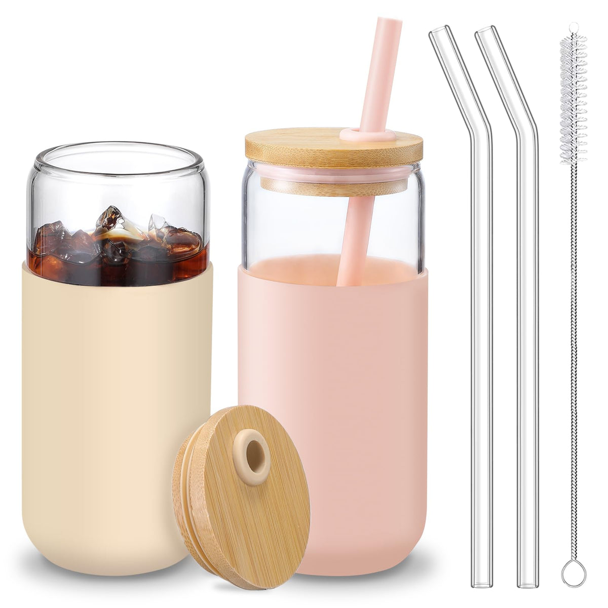 20 OZ Glass Cups with Bamboo Lids and Straws - Beer Can Drinking Glasses with Silicone Protective Sleeve Set, Iced Coffee Glasses, Cute Tumbler Cup for Water, Tea, Gift - Cambridge Blue, Amber