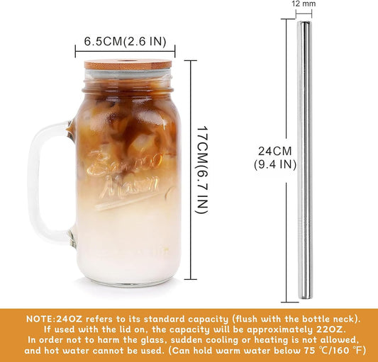 ANOTION Mason Jar with Lid and Straw, 24 oz Regular Mouth Mason Jars with Handle Drinking Glasses Tumbler Reusable Cups Smoothie Water Bottles for Iced Coffee Classic