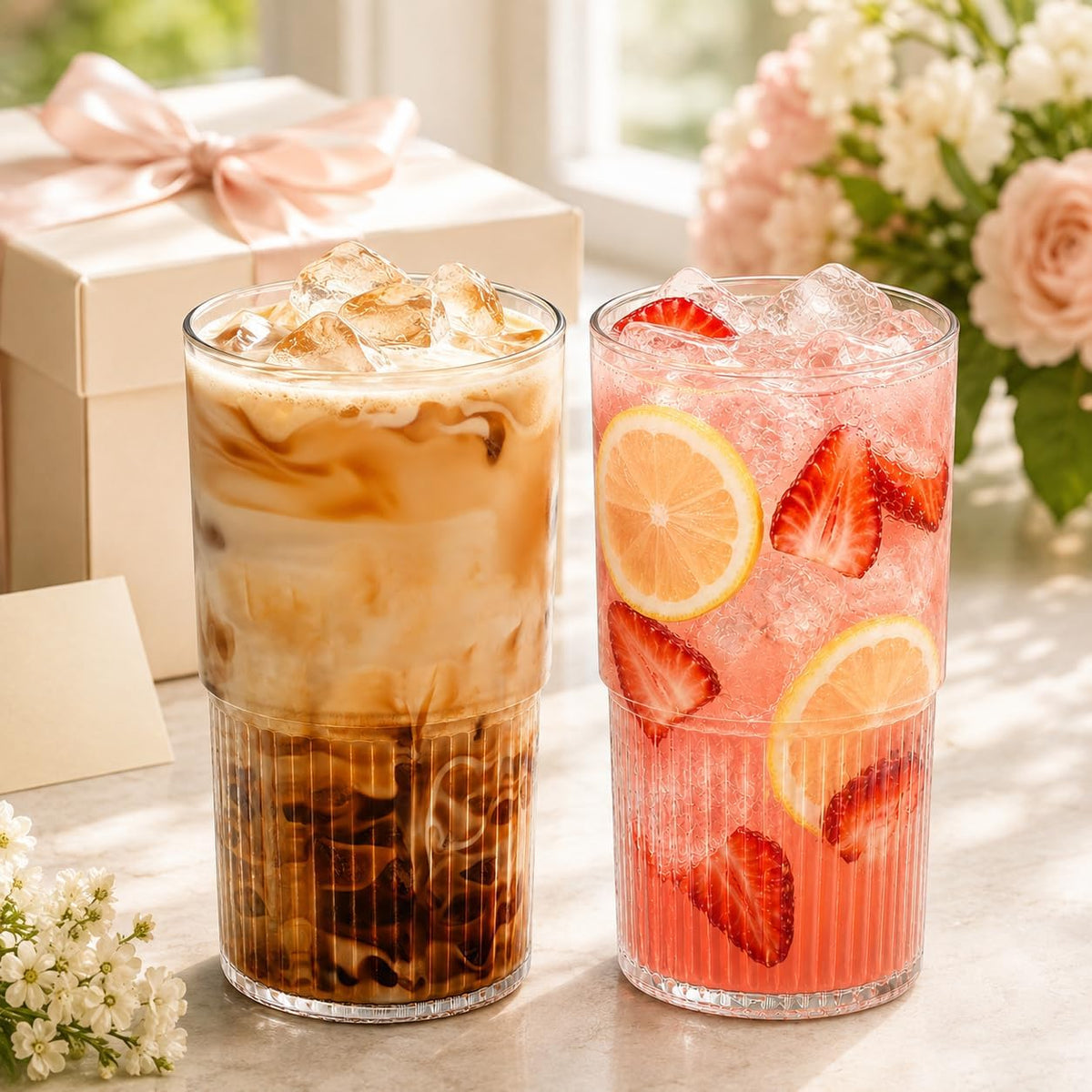 Luiaiog Glass Cups with Lids and Straws Set of 2, 18.6 oz Ribbed Drinking Glasses, Leakproof Glass Tumbler for Iced Coffee, Smoothie, Boba, Reusable Cups with Straw Brush, Dishwasher Safe