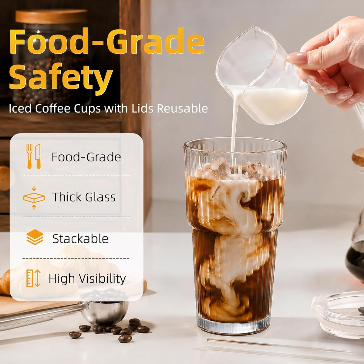 Iced Coffee Cups with Lids,Glass Cups with Lids and Straws,3 Coffee Tumbler