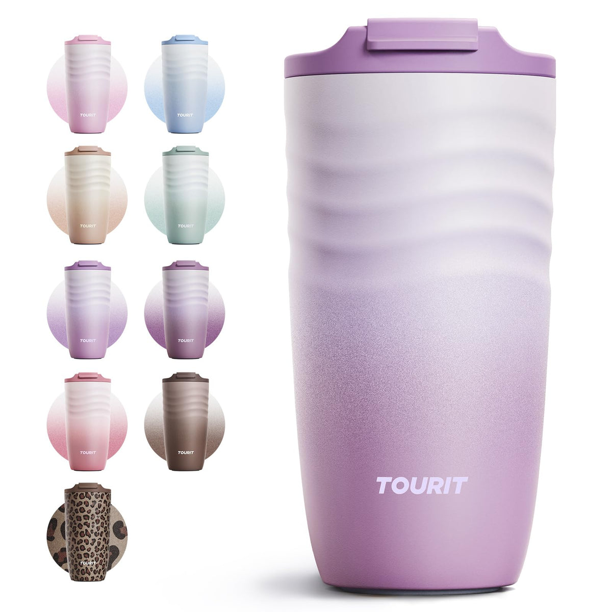 TOURIT 12 oz Travel Coffee Mug, Vacuum Insulated Stainless Steel Tumbler with Ripple-Wave Anti-Slip Grip, Built-in Silicone Bottom for Quiet & Stable, Leak-Proof Lid, Fits Car Cup Holder, Pink