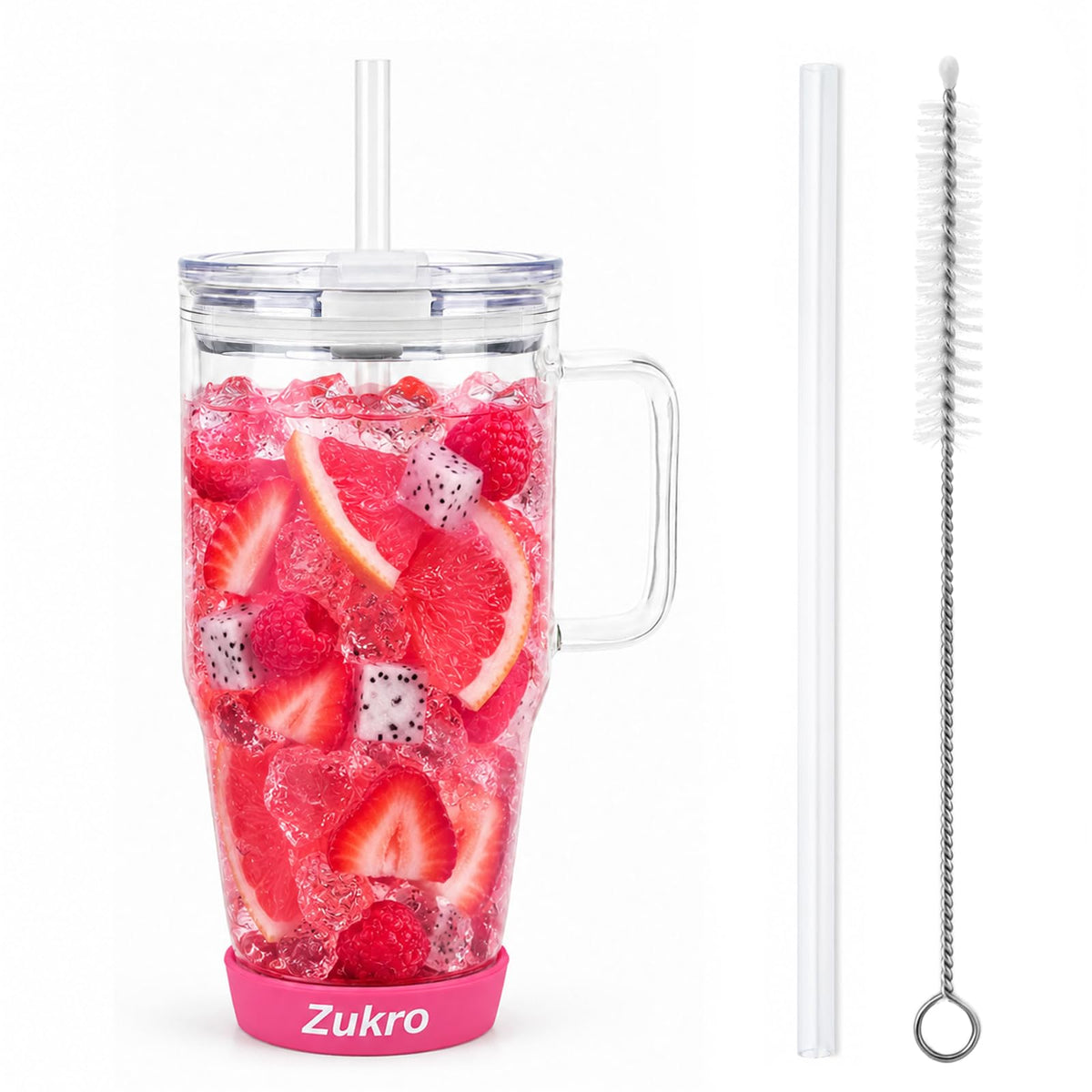 Zukro 32 oz Glass Water Tumbler with Handle & Straw, 2-in-1 Leak Proof Lid