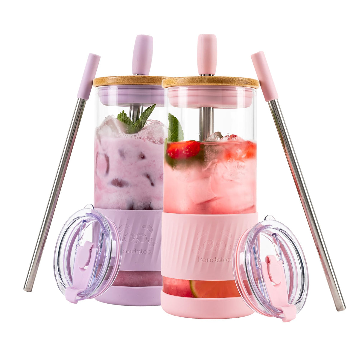 Pandaloo® Glass Cups With Lids and Straws -20 Fl Oz- Perfect Size Iced Coffee Cup - Smoothie Cup With Bamboo Lid and On the go Lid (Creamy Mushroom, 1 Count (Pack of 1)