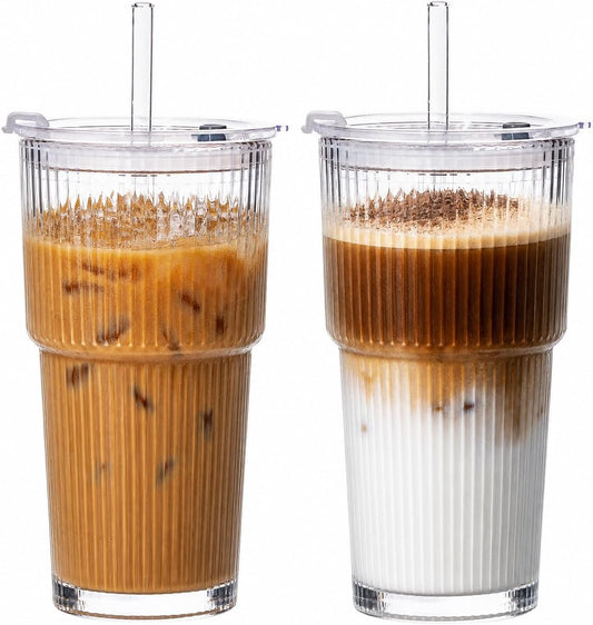 20oz Iced Coffee Cups with Lids, Glass Coffee Cups with Lids and Straws, 2P