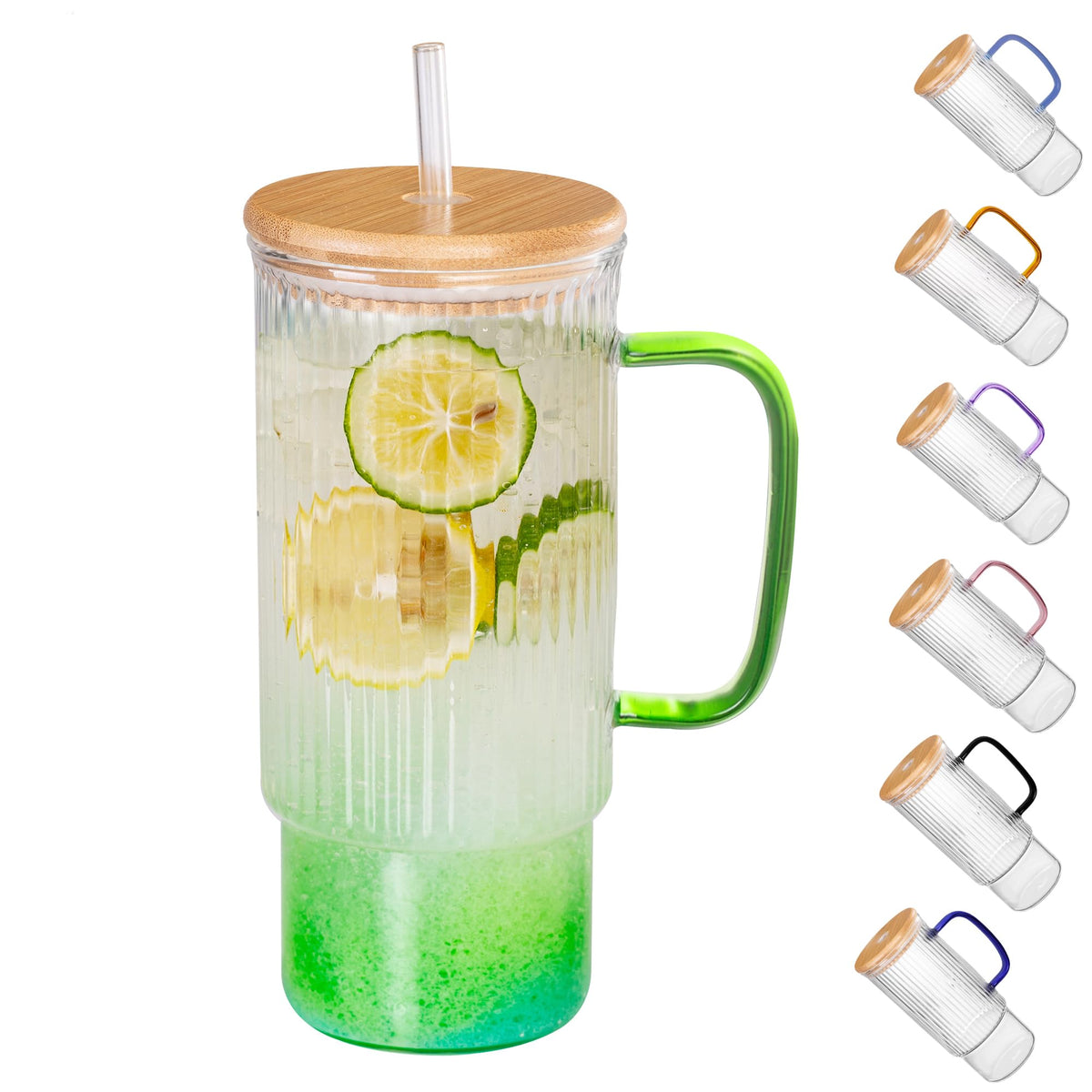 32oz Ribbed Glass Cup with Handle Bamboo Lid and Straw, Glass Tumbler, Iced Coffee Cups Hot/Cold Drinks