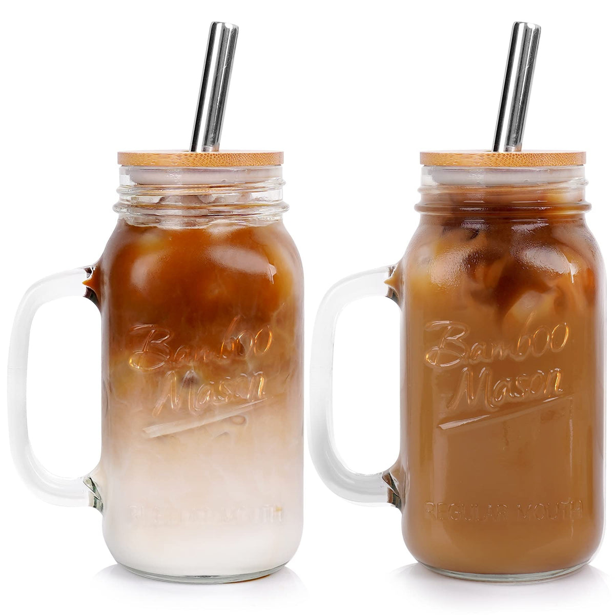 ANOTION Mason Jar with Lid and Straw, 24 oz Regular Mouth Mason Jars with Handle Drinking Glasses Tumbler Reusable Cups Smoothie Water Bottles for Iced Coffee Classic