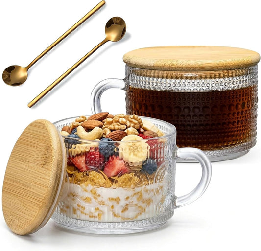 DOPUDO Vintage Glass Coffee Mugs, Overnight Oats Containers With Lids,Glass Cup With Sealed Lid and Spoon,Glass Coffee Mugs, Coffee Bar Accessories, Ideal for Cappuccino, Latte(2-Pack,14oz)