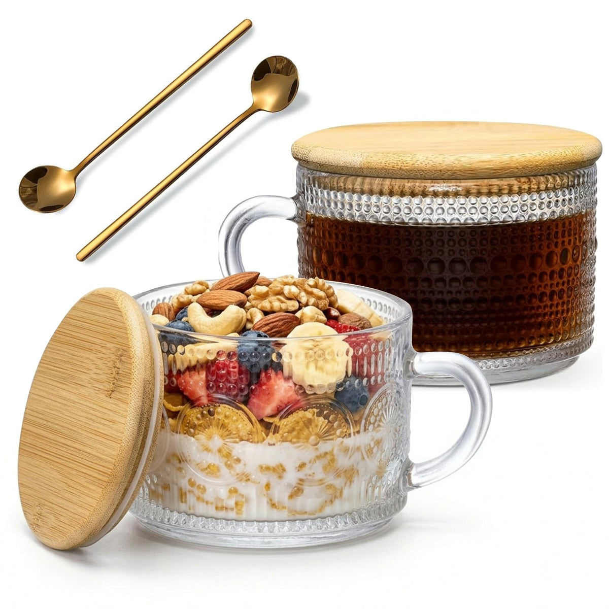 DOPUDO Vintage Glass Coffee Mugs, Overnight Oats Containers With Lids,Glass Cup With Sealed Lid and Spoon,Glass Coffee Mugs, Coffee Bar Accessories, Ideal for Cappuccino, Latte(2-Pack,14oz)