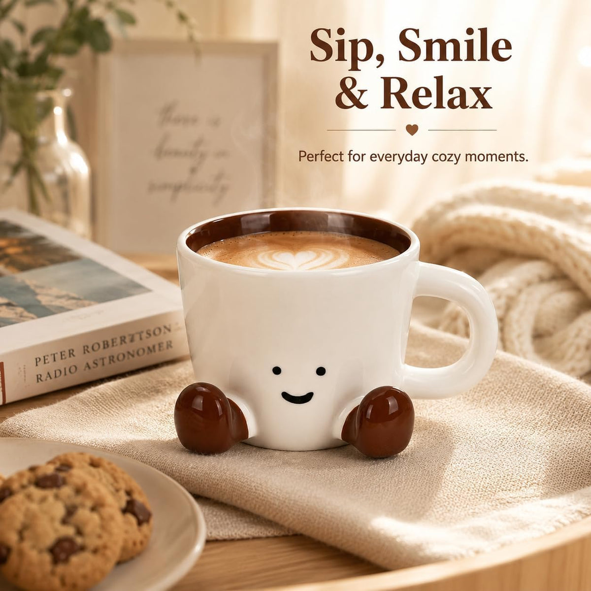 Cute Ceramic Mug, 12.8oz/380ml Unique Handcrafted Shape Coffee Cup with Smile Face, Adorable Kawaii Drinkware Gift for Women
