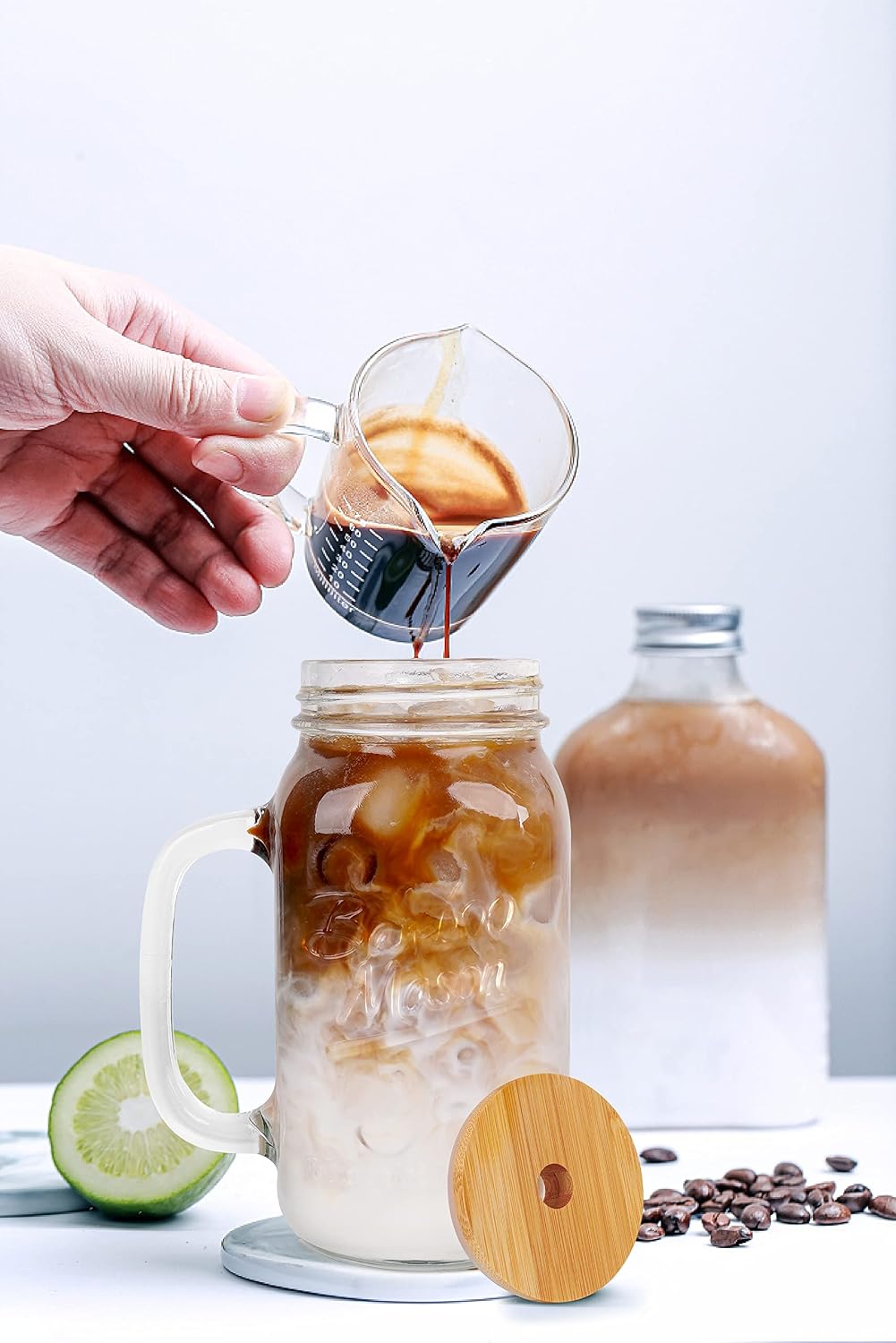 ANOTION Mason Jar with Lid and Straw, 24 oz Regular Mouth Mason Jars with Handle Drinking Glasses Tumbler Reusable Cups Smoothie Water Bottles for Iced Coffee Classic
