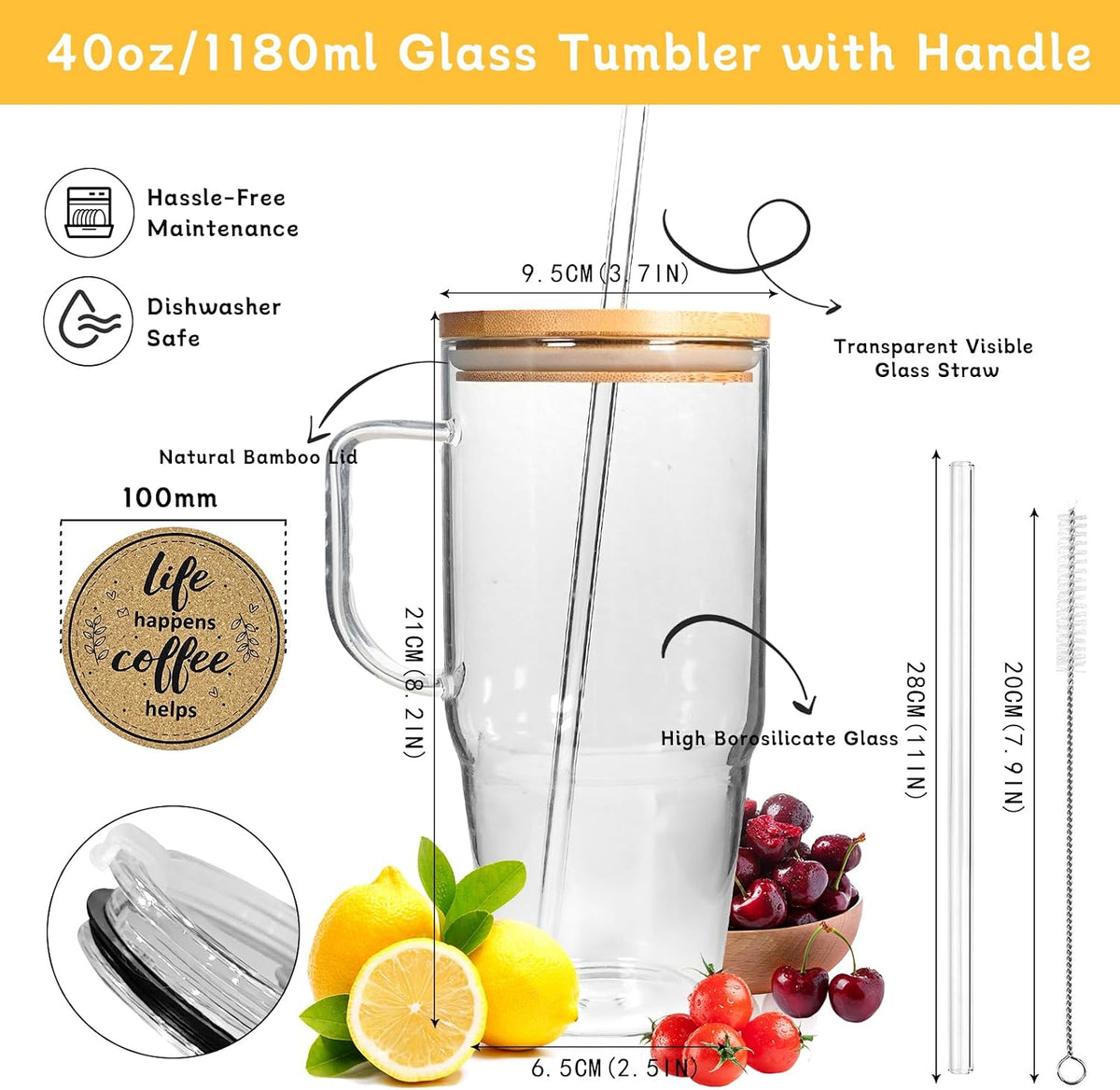 ANOTION Glass Cups With Lids And Straws, Leakproof Tumbler Mason Jar Coffee Cup, Cap Cup Leak-Proof with Straw, Reusable Iced Coffee Smoothie Matcha Cup Aesthetic Coffee Gifts Women