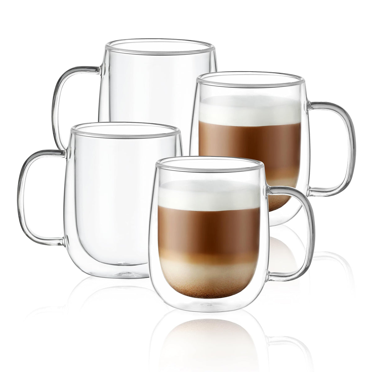 CNGLASS Large Double Wall Glass Coffee Mug 15.2oz,Clear Insulated Glass Espresso Cup with Big Handle,Clear Glass Espresso Mugs for Latte,Cappuccino,Tea Bag,Hot and Cold Beverages,set of 4