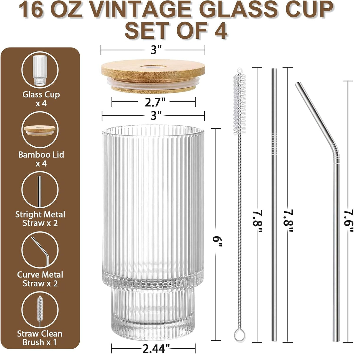 HIGIINC Iced Coffee Cups with Lids 4 Pcs - 16 OZ Glass Cups with Lids and Straws, Reusable Ice Coffee Tumbler, Clear Ribbed Drinking Glasses for Matcha, Smoothie, Ice Tea, Lemonade