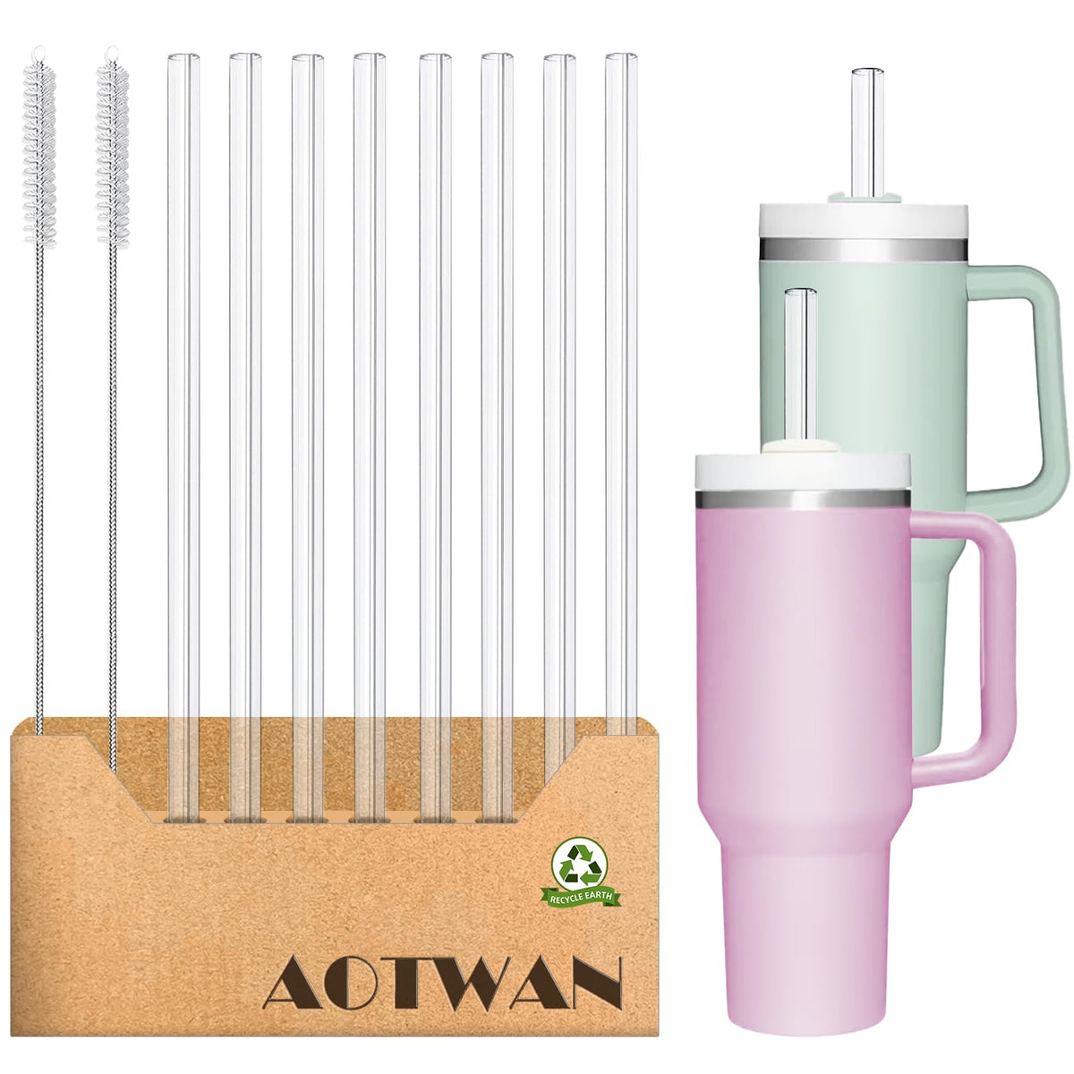 AOTWAN Glass Straws for Stanley 8pcs 40/30 oz Tumbler,12inch Replacement Straw for Stanley 4 Straight and 4 Bent with 2 Brushesh,Reusable Glass Straws for Stanley Cup
