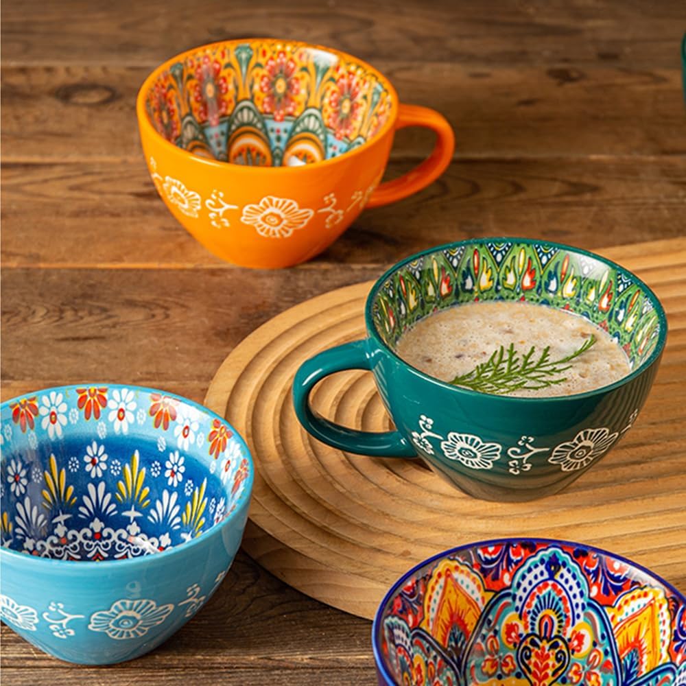 Bohemian Hand-Painted Ceramic Mug, 15 Oz Large Coffee Cup for Milk, Tea, and Breakfast, Dishwasher & Microwave Safe Artisan Cup, Orange