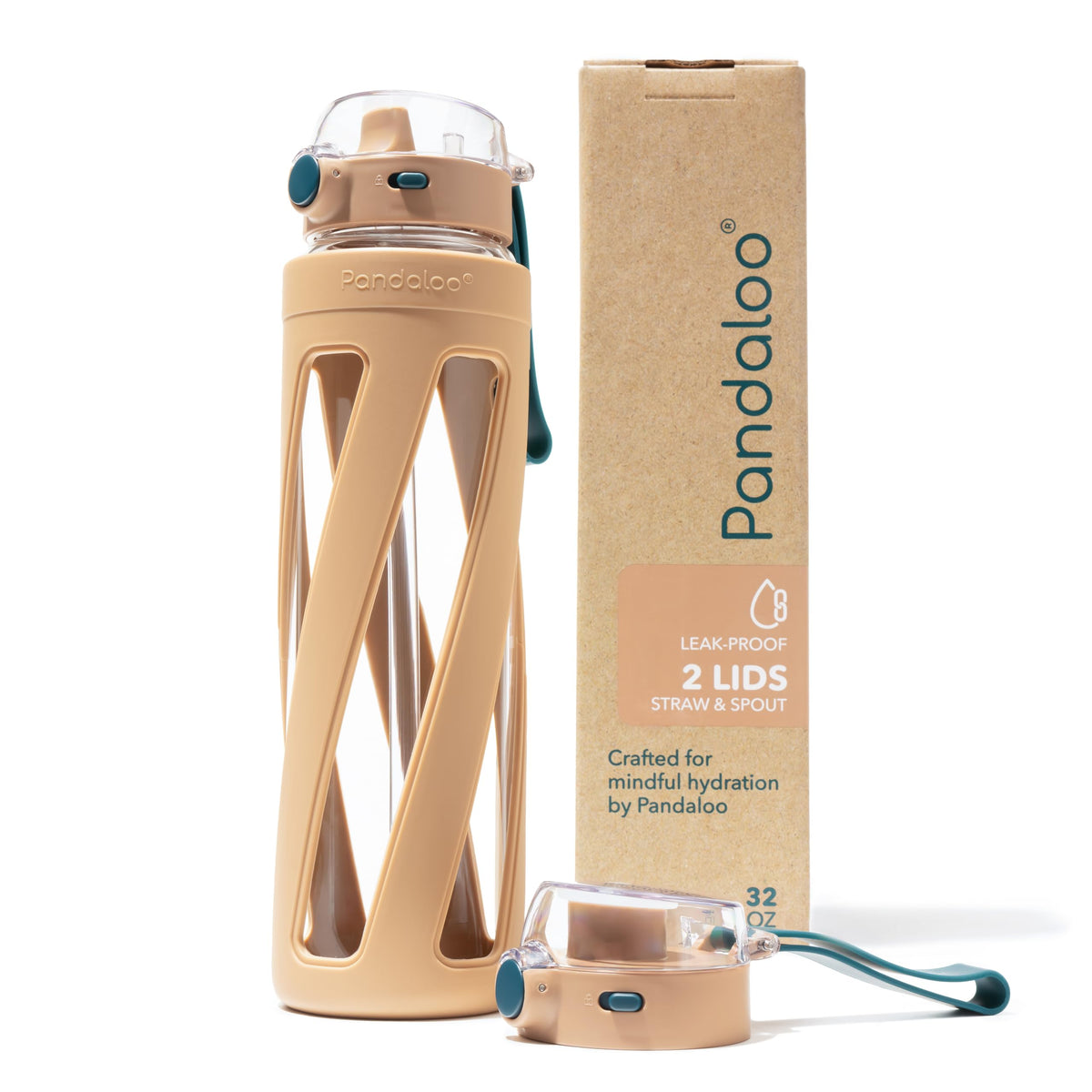 Pandaloo® Orbit 32 oz Glass Water Bottle with 2 Leak-Proof Lids (Straw & Spout), Wide Mouth, Borosilicate Glass, BPA-Free, Cup Holder Friendly for Gym, Work, Travel & Daily Hydration - Sage