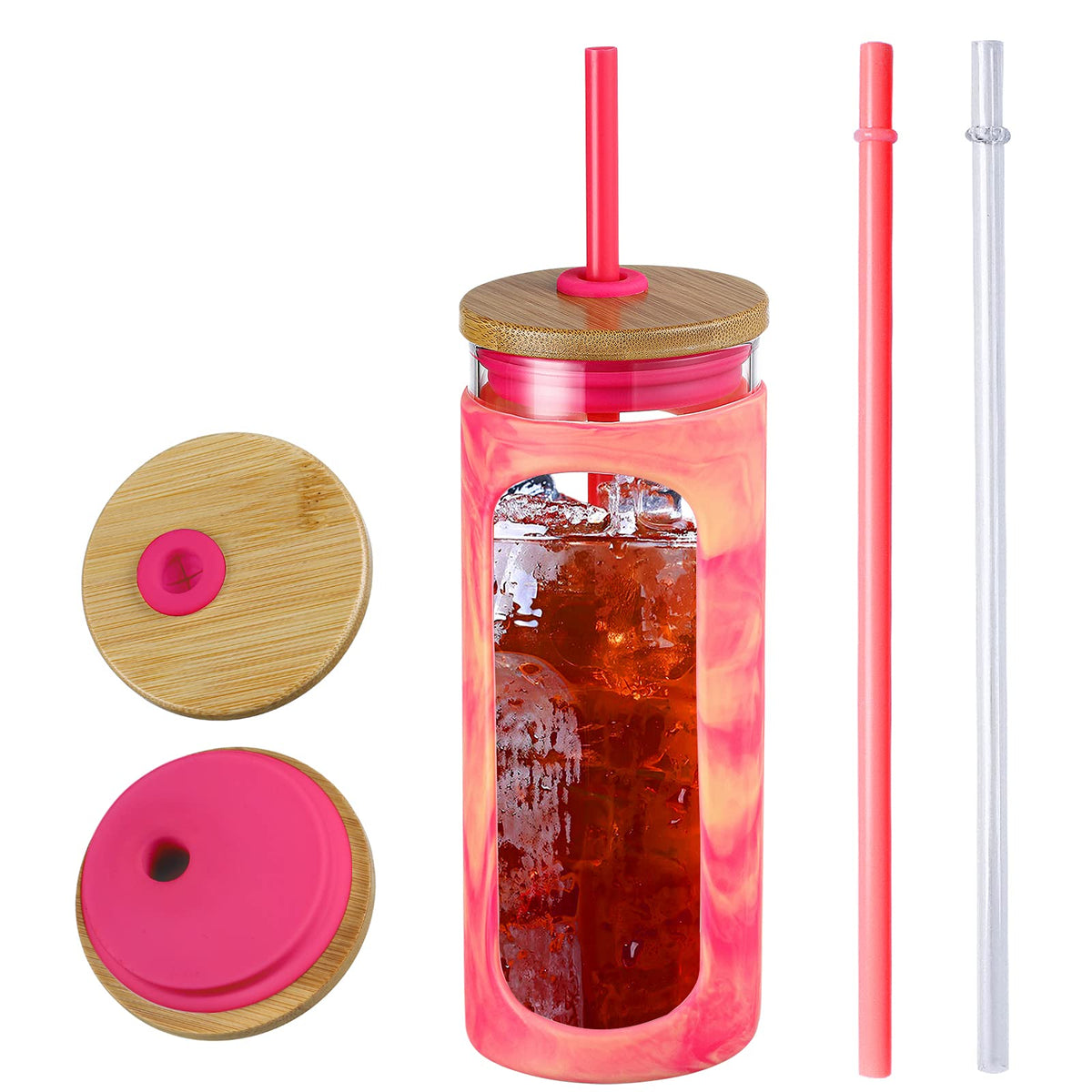 Kodrine 20oz Glass Water Tumbler with Straw and Lid, Bamboo Lids Water Bottle, Iced Coffee Cup Reusable, Wide Mouth Smoothie Cups with Protective Silicone Sleeve BPA FREE-Amber