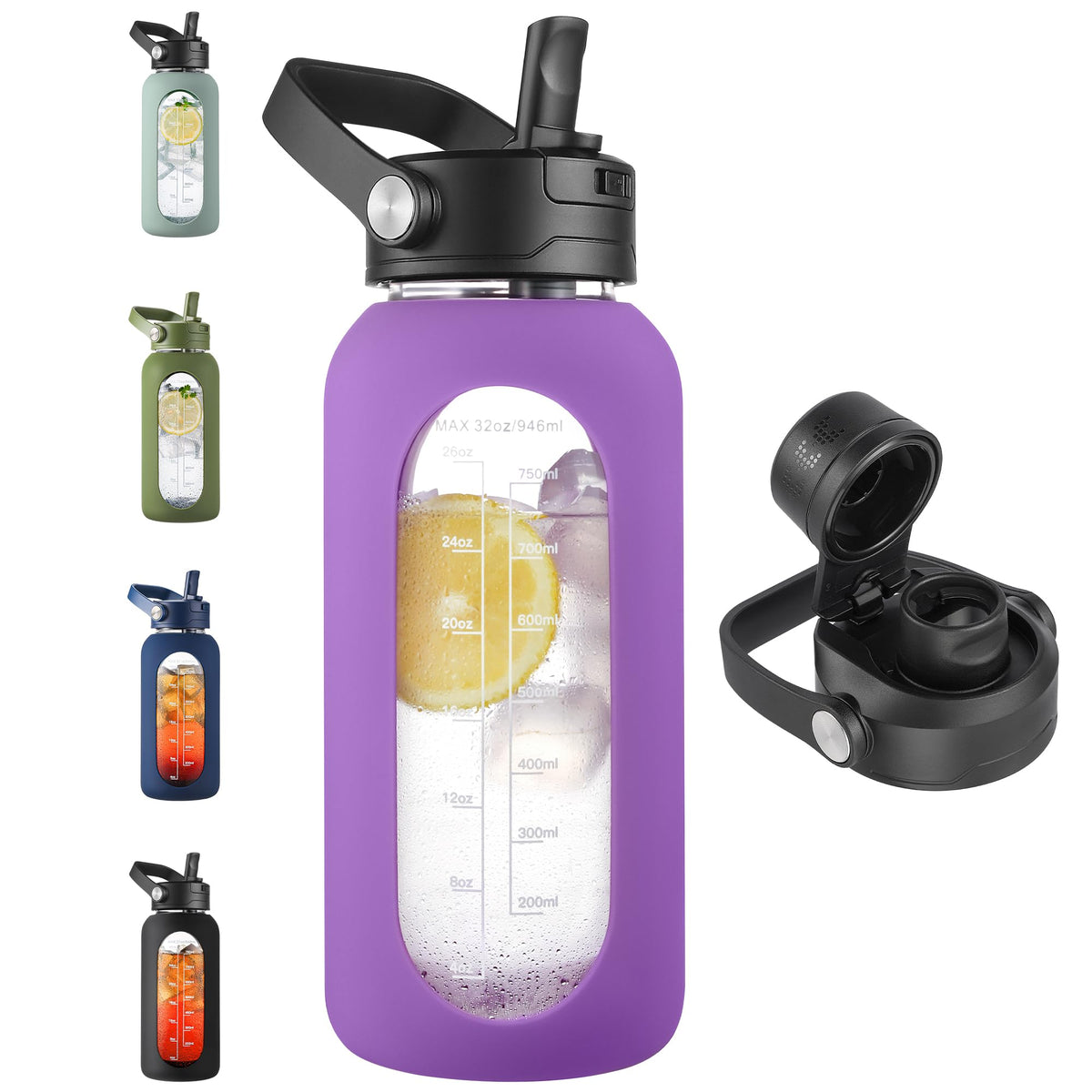 CIVAGO 64 oz Glass Water Bottle Jug with Detachable Straw and Time Maker