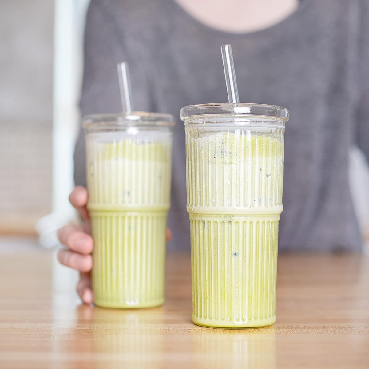 Birchland All Glass Iced Coffee Cup with Lid and Straw, Ribbed Glass Tumbler Set of 2 (22 oz ribbed)
