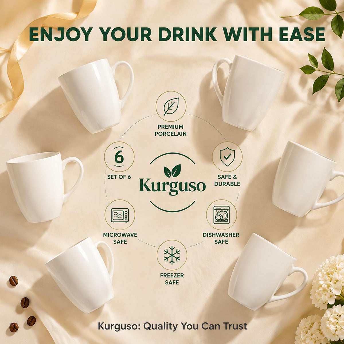White Porcelain Coffee Mugs Set of 6, 13 Ounce Coffee Cups with Handle, Ceramic Tea Mugs for Latte, Hot Tea, Cappuccino, Mocha, Cocoa, Mug Gift Set, Dishwasher and Microwave Safe