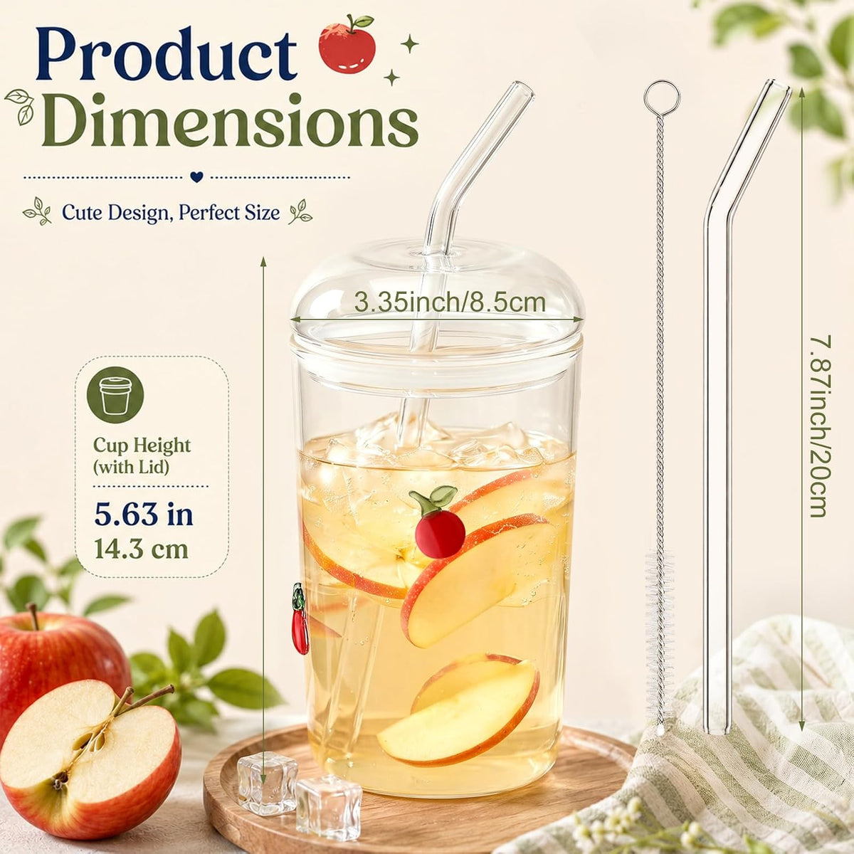 Rtteri Glass Cup with Dome Lid and Straw 17oz Apple Icon Juice Cute Tumbler