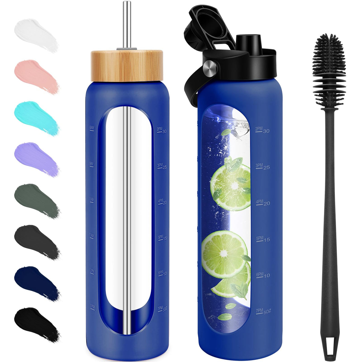 FULBEVY 32 oz Glass Water Bottles - 1 Liter Motivational Tumbler Water Bottle Time Marker - Borosilicate Glass Water Bottle With Silicone Sleeve and 2 Lids, Handle Spout & Bamboo Straw Lid (Olive)