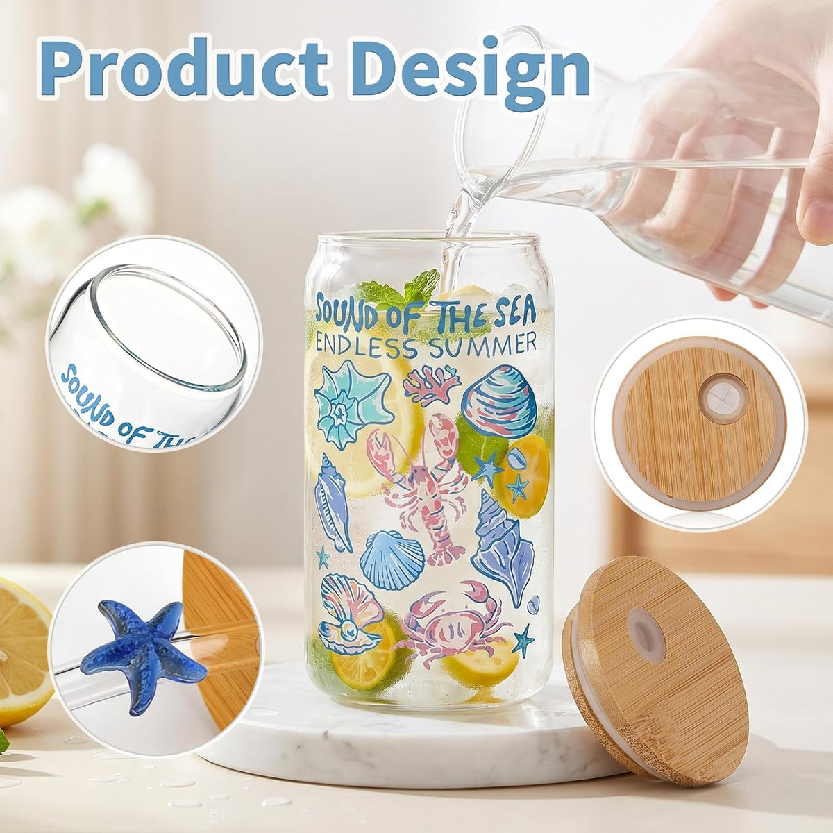 Aesthetic Glass Cups with Lids and Straws, 16oz Ocean Print Glass Tumbler with Bamboo Lid and Glass Straw, Cute Summer Drink Cup for Women, Iced Coffee Matcha Cup, Birthday Gifts