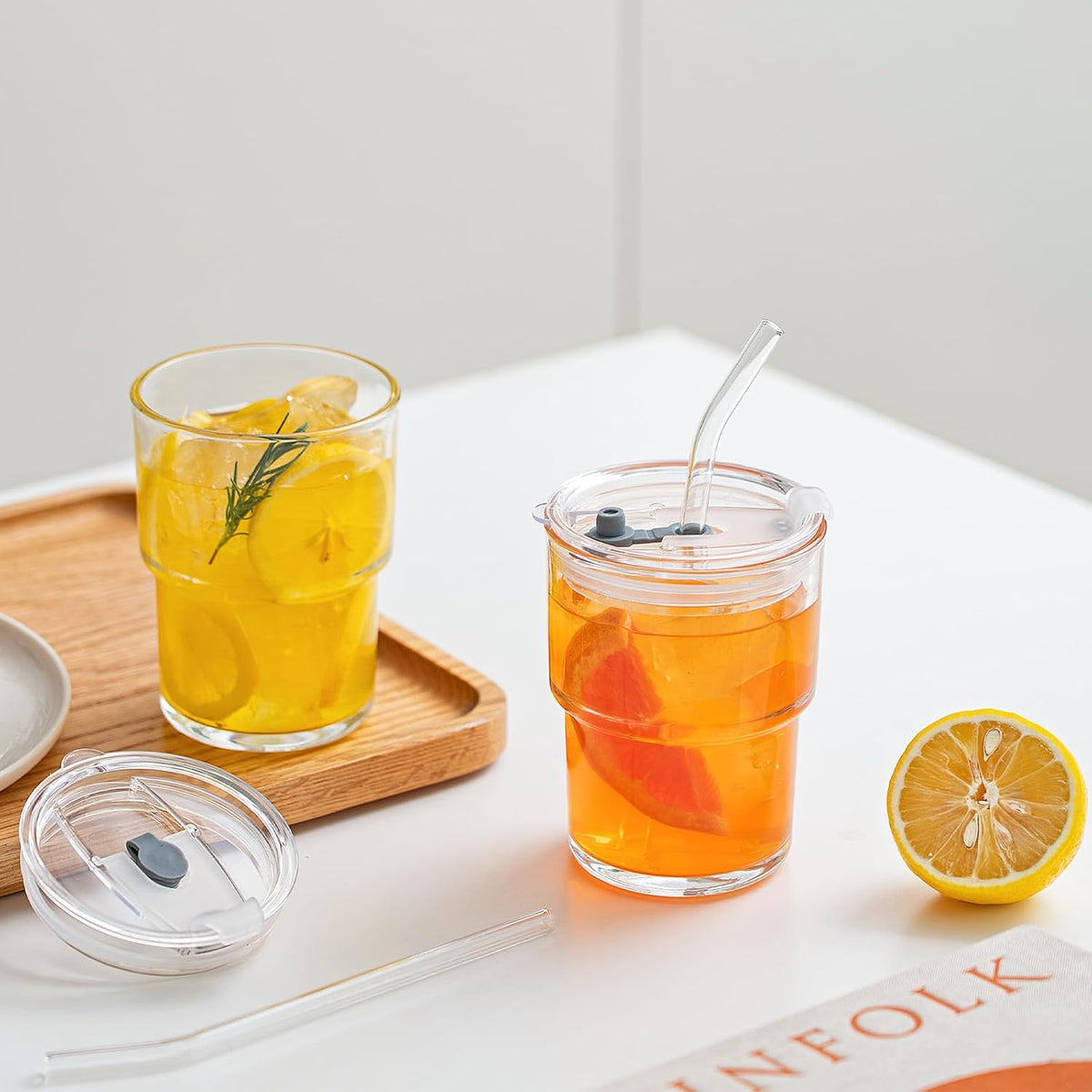 SoulTimes 13oz Clear Glass Tumbler with Lid and Straw – Iced Coffee Glasses Cups for Smoothie, Matcha, Juice, Water etc. Leakproof and Reusable Glassware Drinking for Travel To Go [2Pcs]