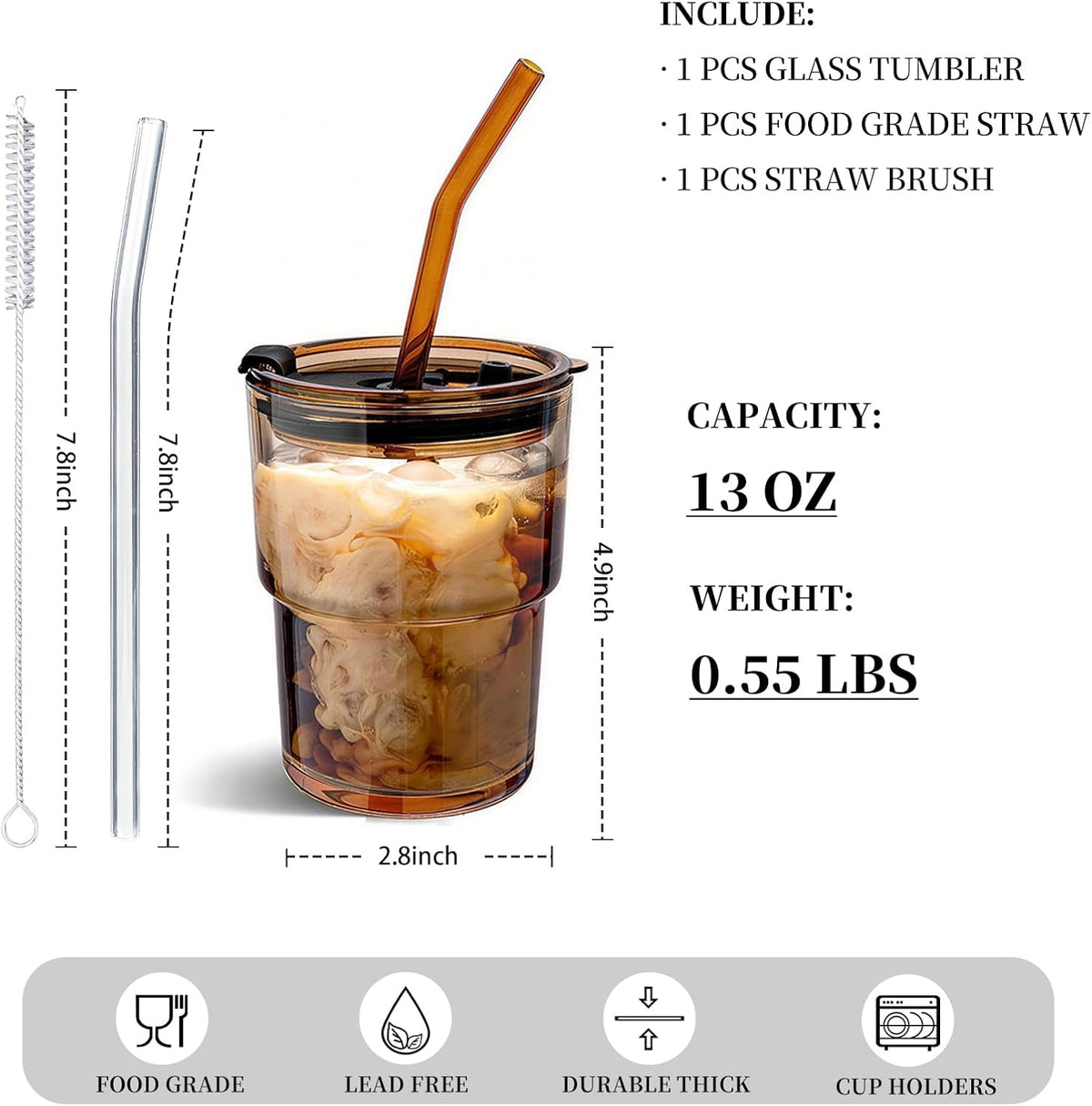 Olvini 13oz Glass Tumbler with Straw and Lid, Reusable Iced Coffee Cup, Thick Glass Cups for Water, Matcha, Iced Tea, Amber