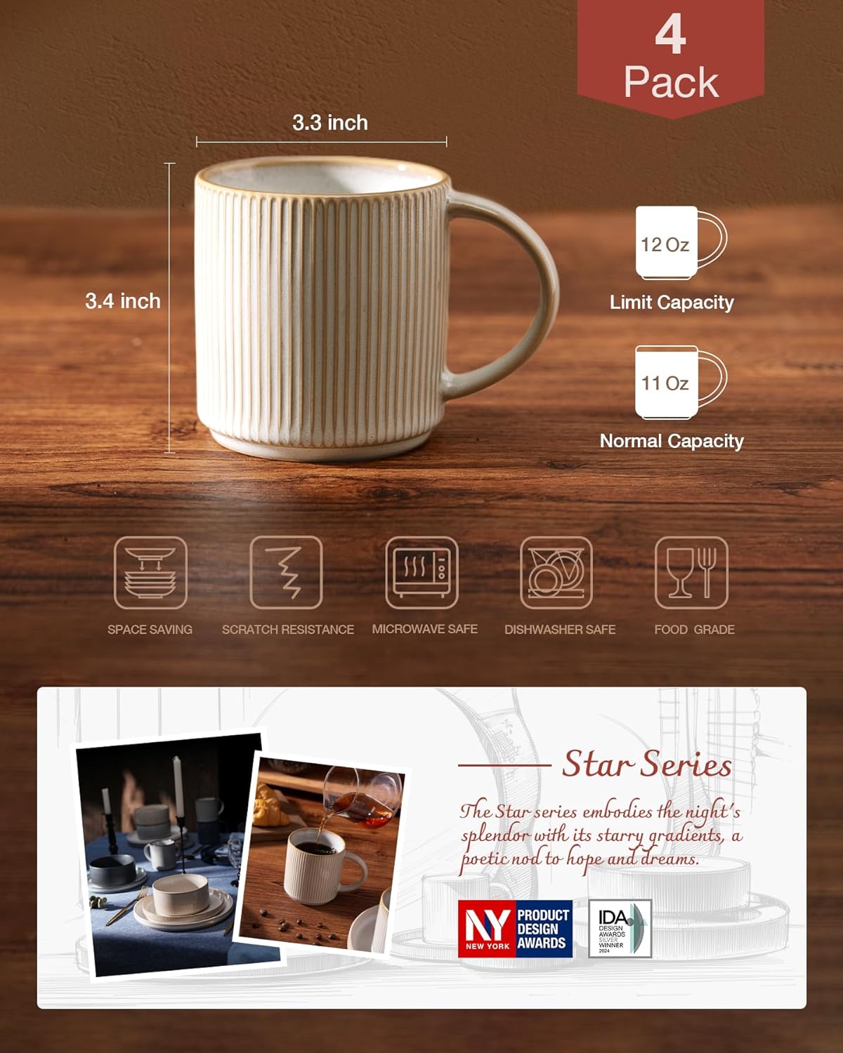 famiware Coffee Mug Set of 4, Star 12 oz Ceramic Mugs Cups Set with Handle