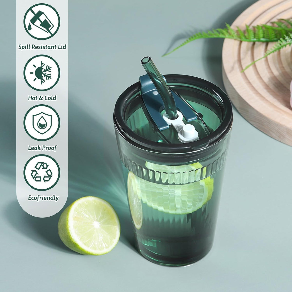 Joeyan Glass Tumbler with Straw and Lid,Green Glasses Water Cup with Straw