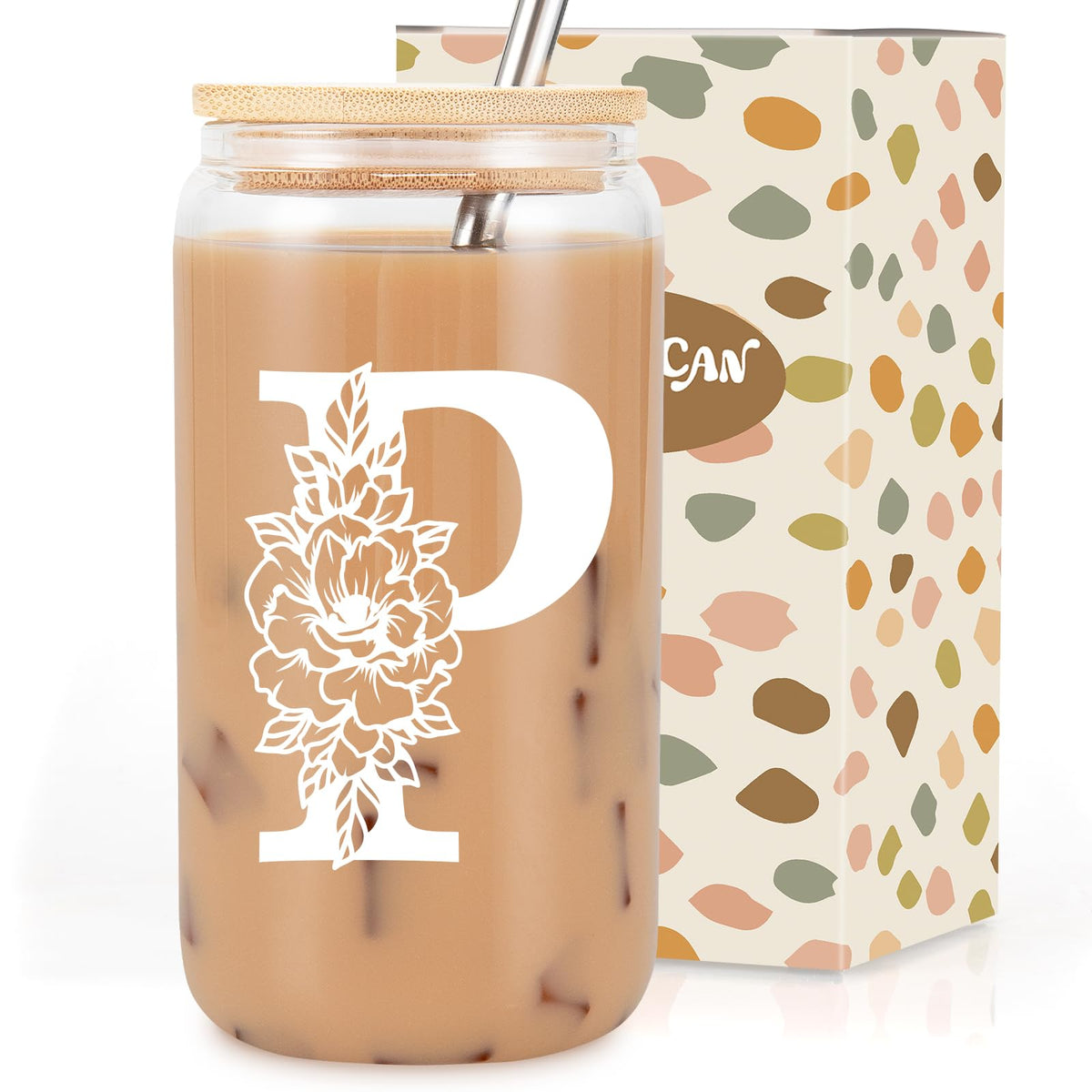 Coolife Initial Glass Cup, Monogrammed Gifts for Women, 16 oz Tumbler w/Lid