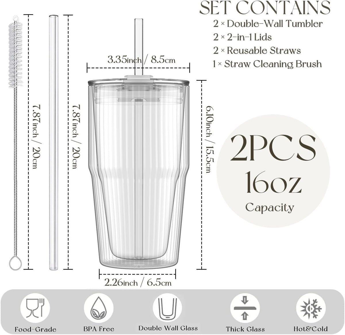KEMORELA Double Wall Glass Tumbler,16oz Glass Tumbler with Lids and Straws