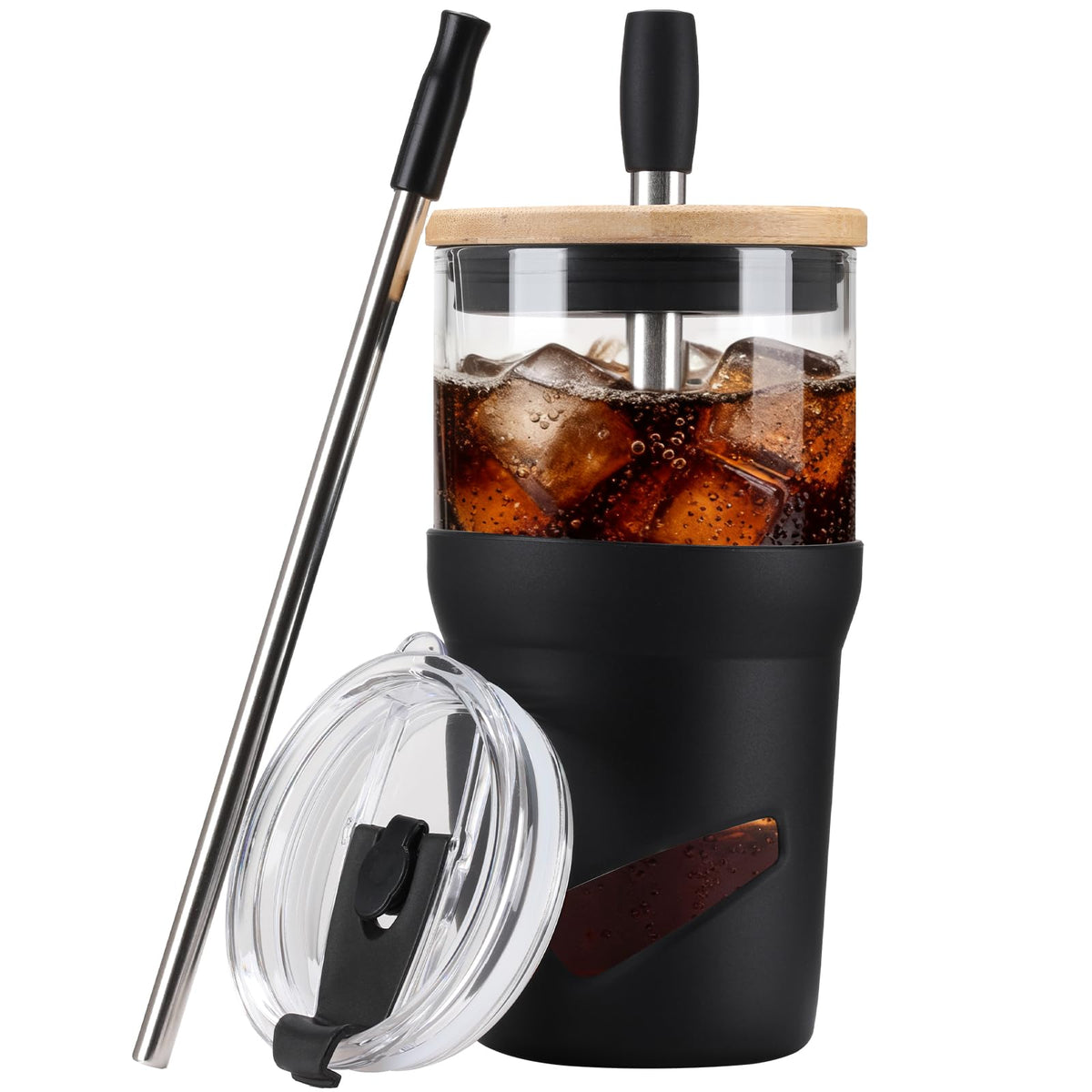 Glass Tumbler with Lids and Straws, 20 oz Iced Coffee Cup and Smoothie Cup with Bamboo Lid and On the go Lid,Glass Cups With Straws