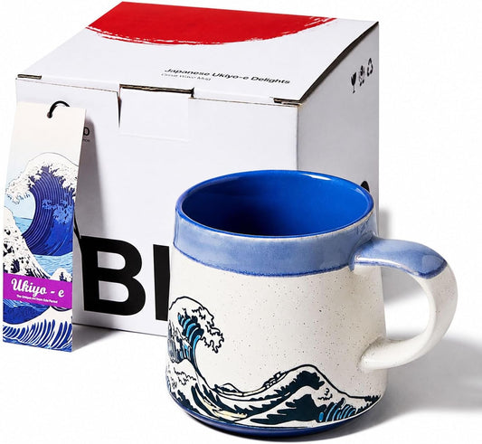BICETTO Japanese Coffee Mug, Ukiyo-e Great Wave, Handmade 15oz Ceramic Cup