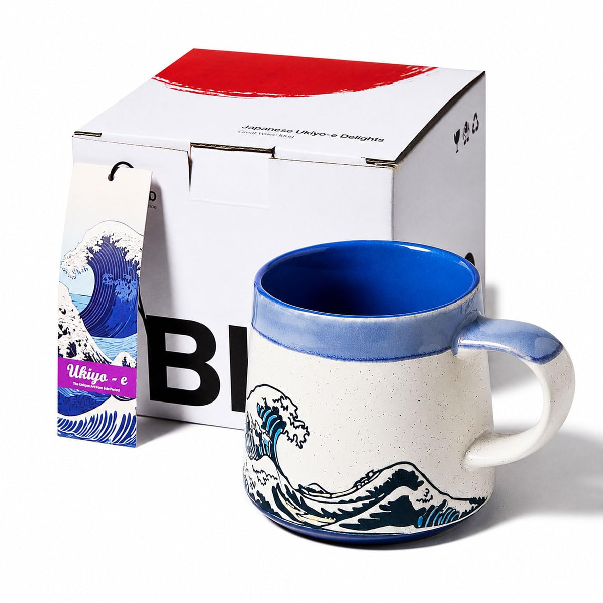 BICETTO Japanese Coffee Mug, Ukiyo-e Great Wave, Handmade 15oz Ceramic Cup