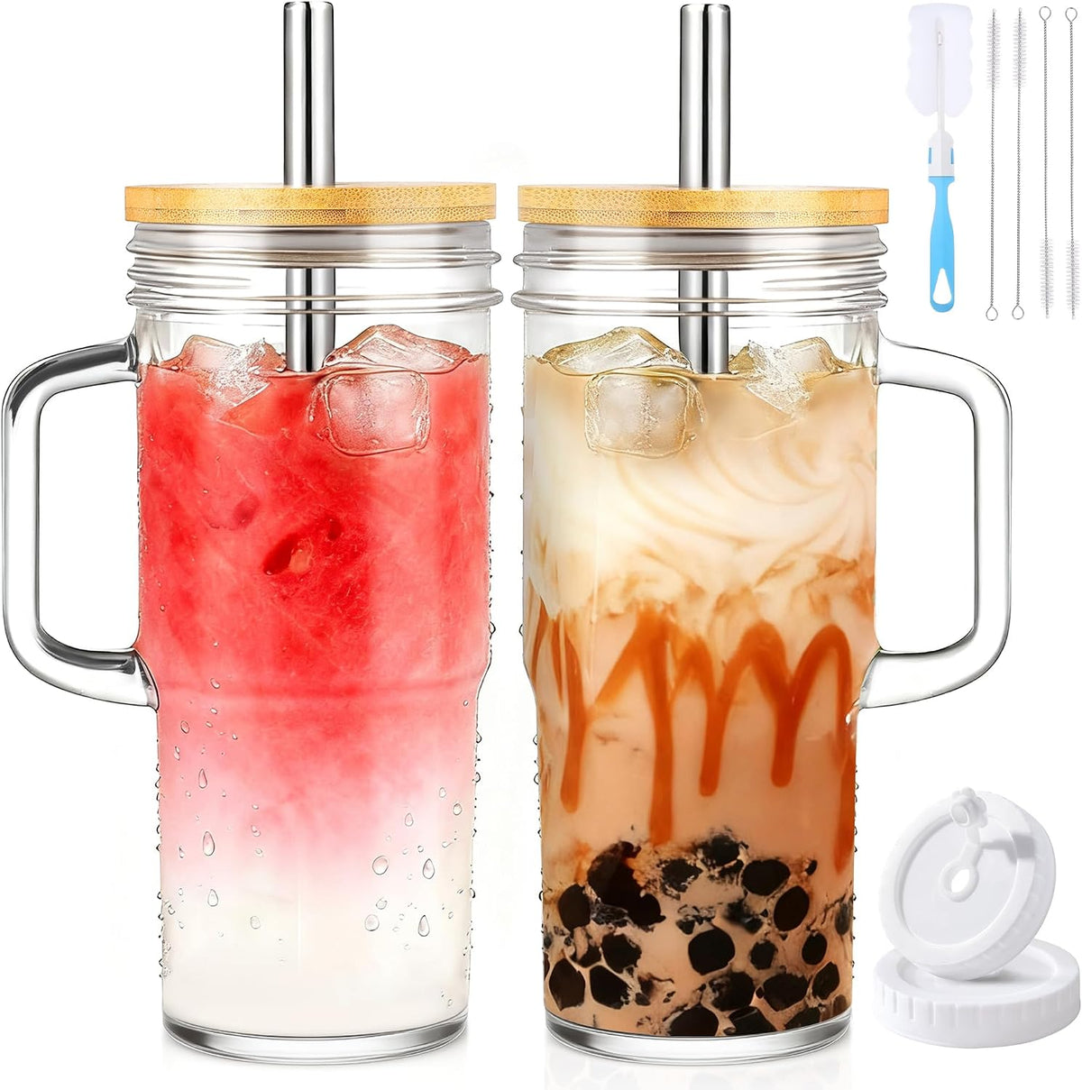 Birity 24oz Glass Tumbler with/Lid & Straw, Handle 2‑Pack Iced Coffee Cups