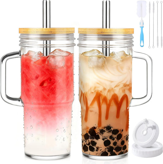 Birity 24oz Glass Tumbler with/Lid & Straw, Handle 2‑Pack Iced Coffee Cups